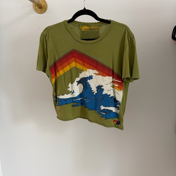 Super Rare Aviator Nation Olive Green Tee with Vibrant Wave Graphic SM - Picture 2 of 10